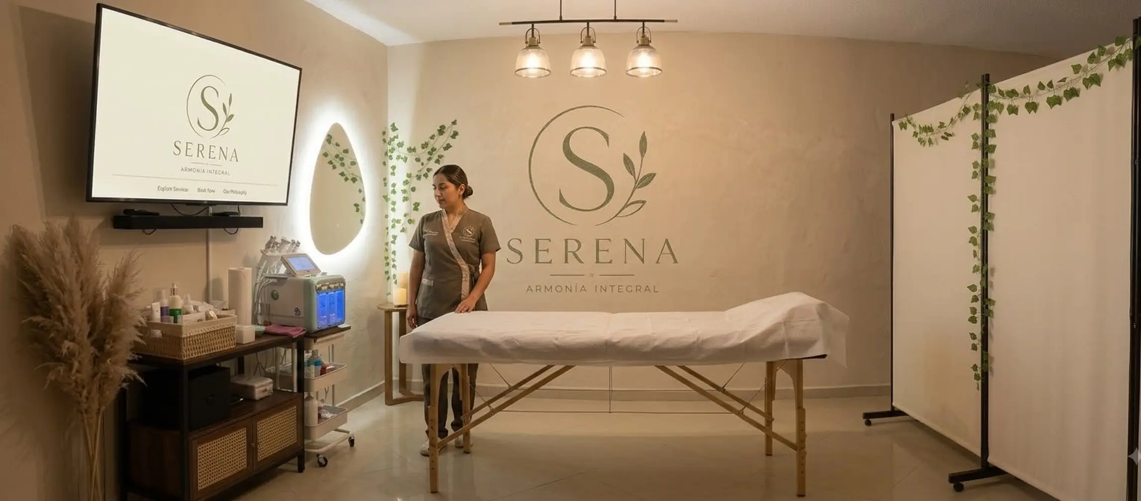 Cabina de Serena con camilla y equipo estético